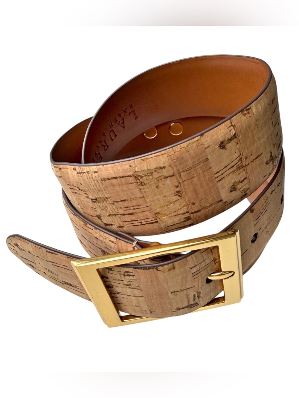 Ralph Lauren Belt Womens Medium Cork Beige Gold Buckle RLL Logo Faux Leather
